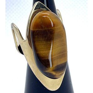 Large Tigers Eye Stone Gold-Tone Abstract Cocktail Statement Ring Size 6 Vintage